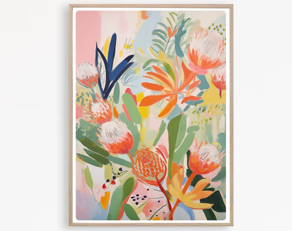 Coral Protea Bloom Cluster Abstract Floral Painting Art Poster