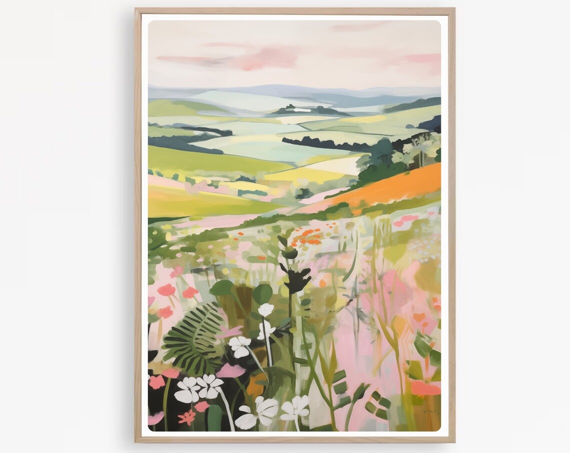 Wildflower Meadow Over Rolling Hills Colorful Floral Landscape Poster
