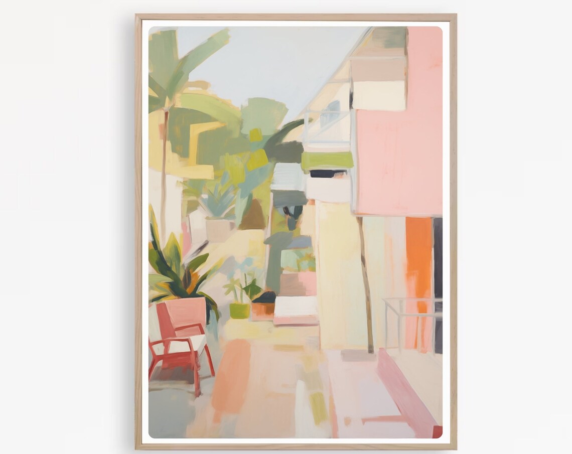 Pink Mediterranean Villa with Palm Trees Abstract Painting Poster