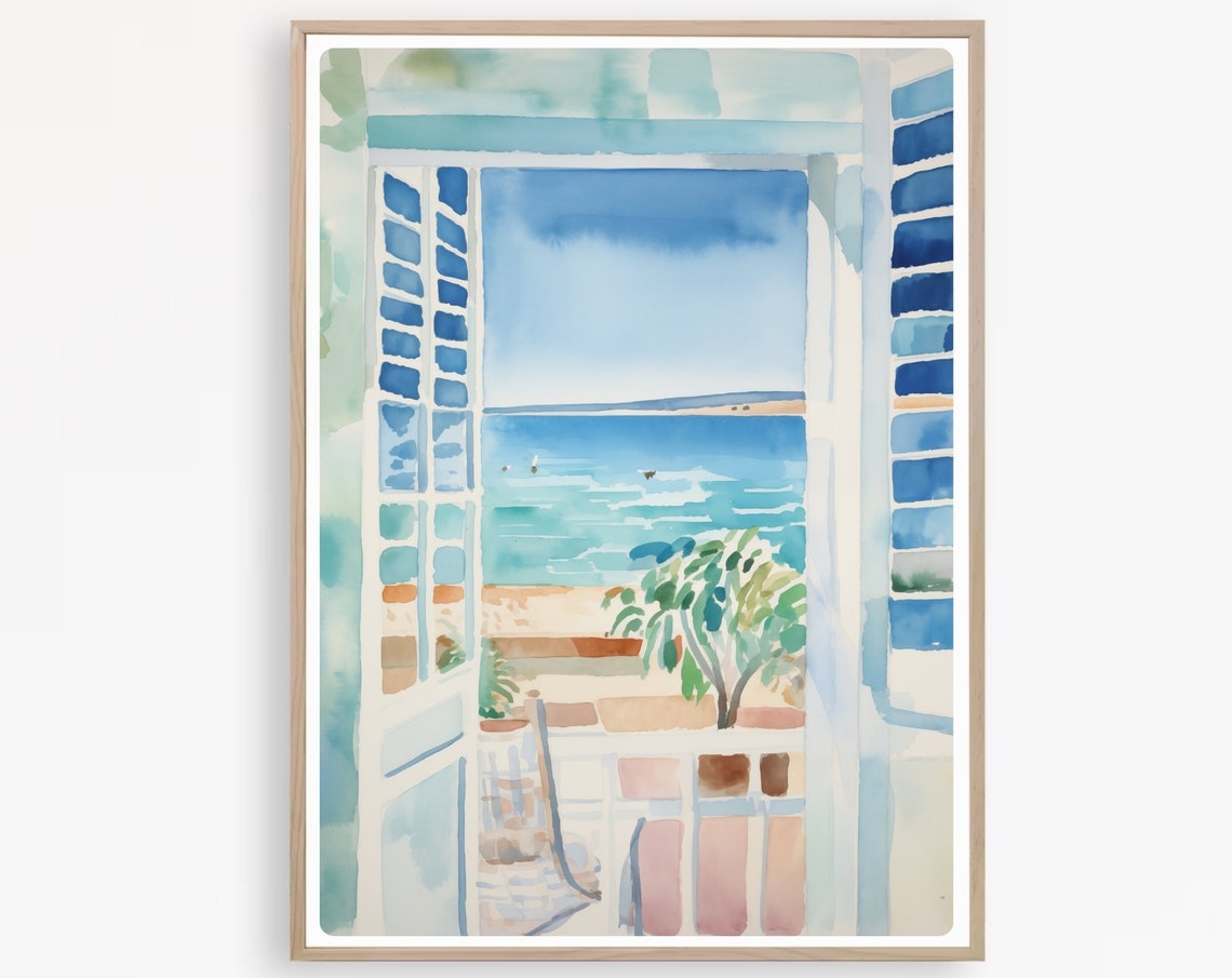Greek Island Window with Open Shutters Overlooking Blue Sea Poster