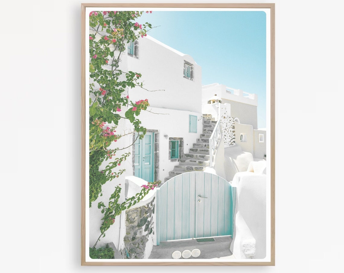 Santorini Greece Whitewashed Alley with Turquoise Gate Photo Poster