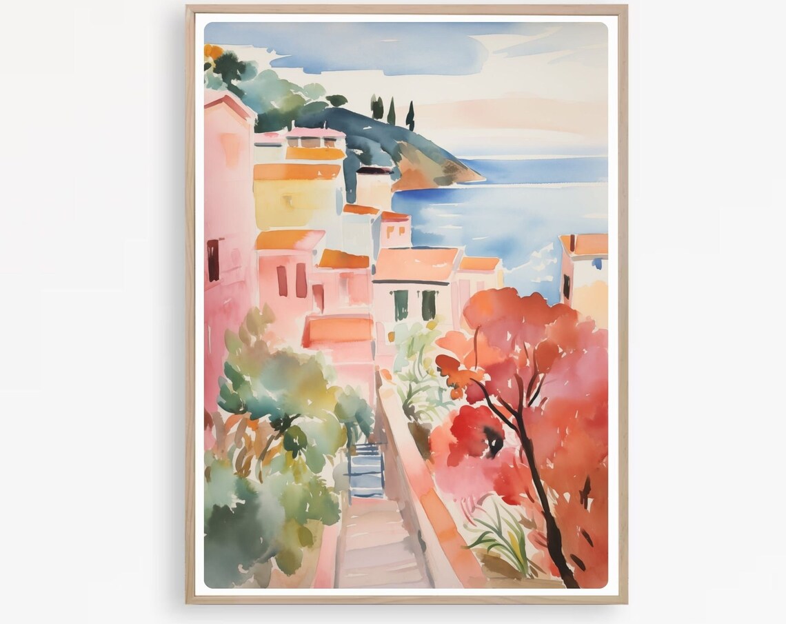 Colorful Greek Island Hillside Village Watercolor Travel Poster