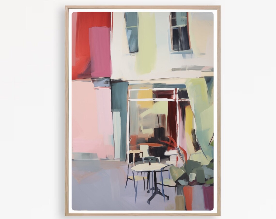 Colorful London Cafe Terrace with Bold Abstract Watercolor Poster