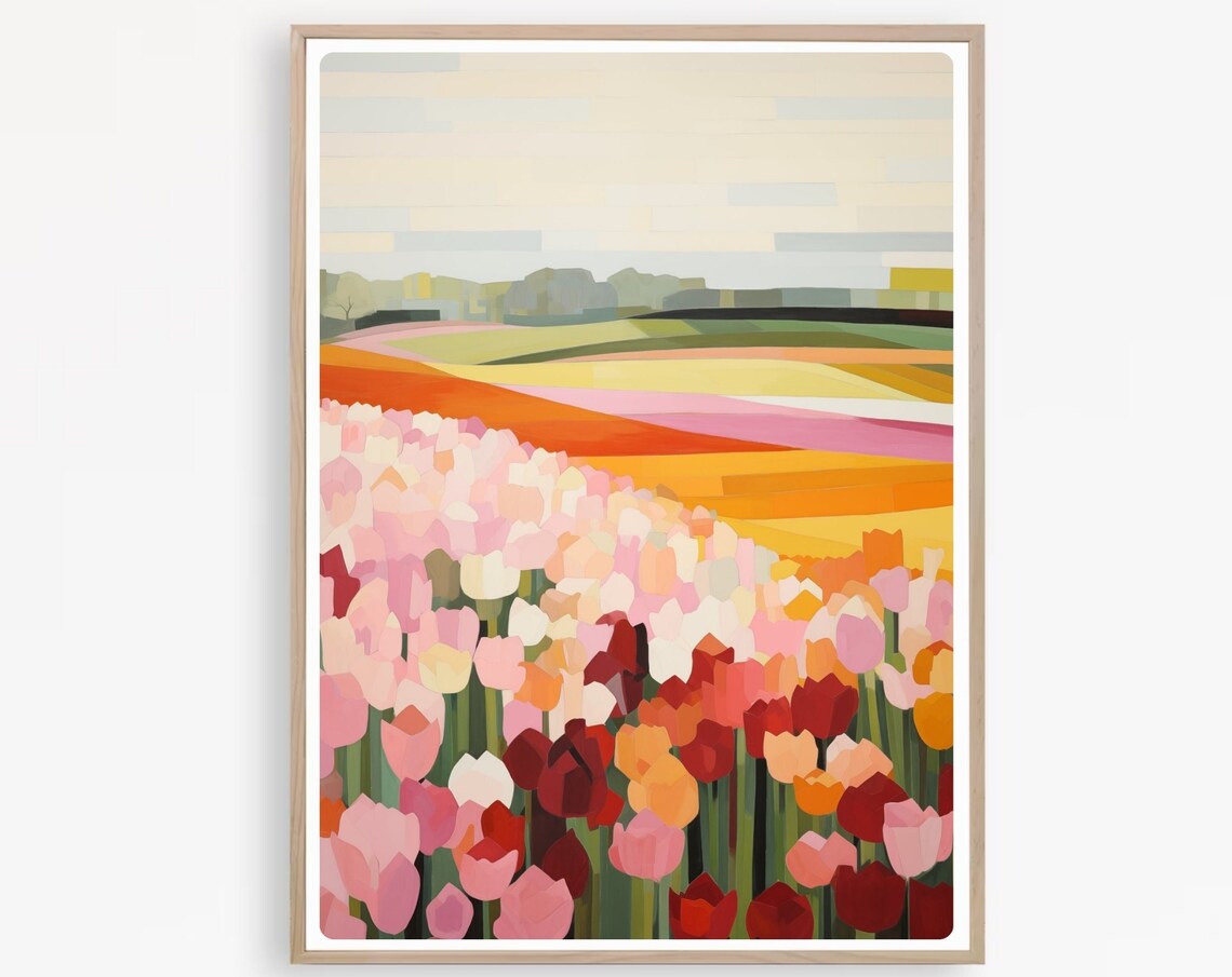 Geometric Tulip Field in Pink Red and Orange Spring Bloom Poster