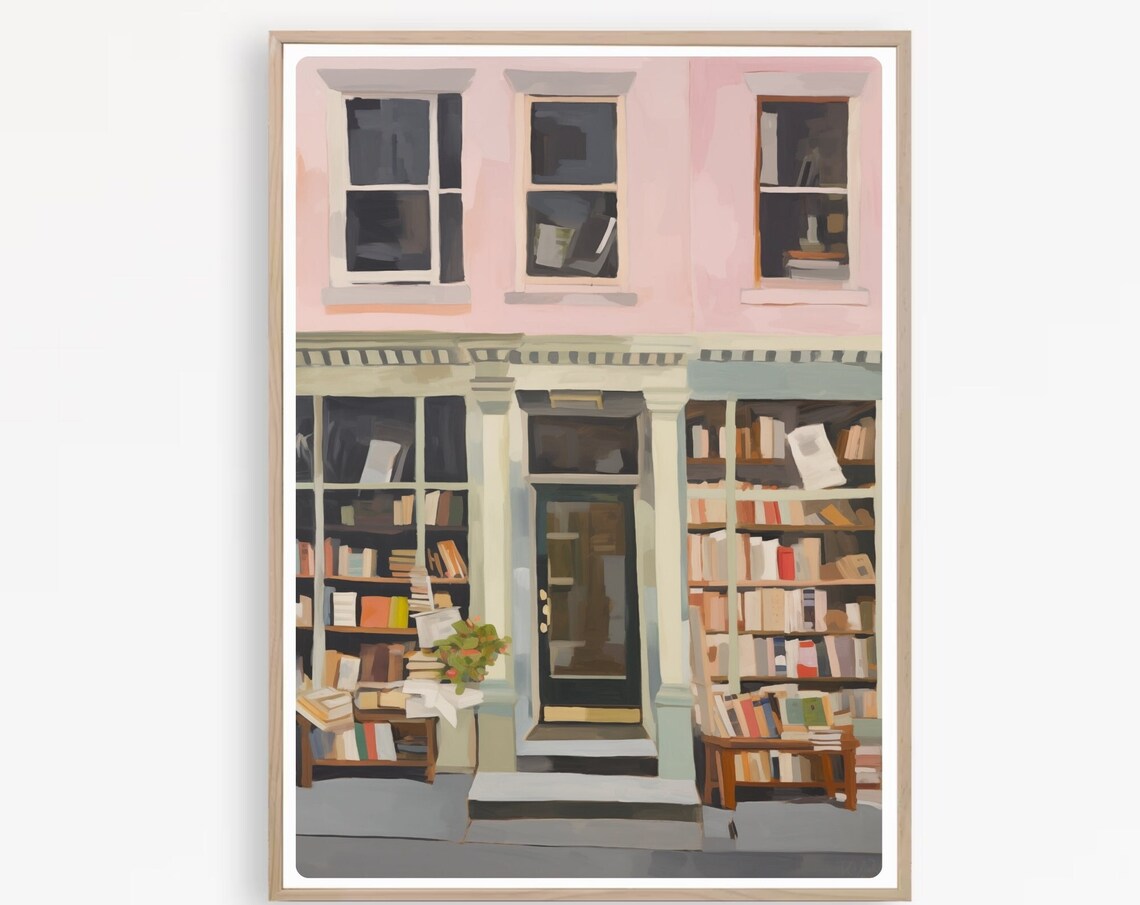 Charming Pink London Bookshop Watercolor Poster for Book Lovers