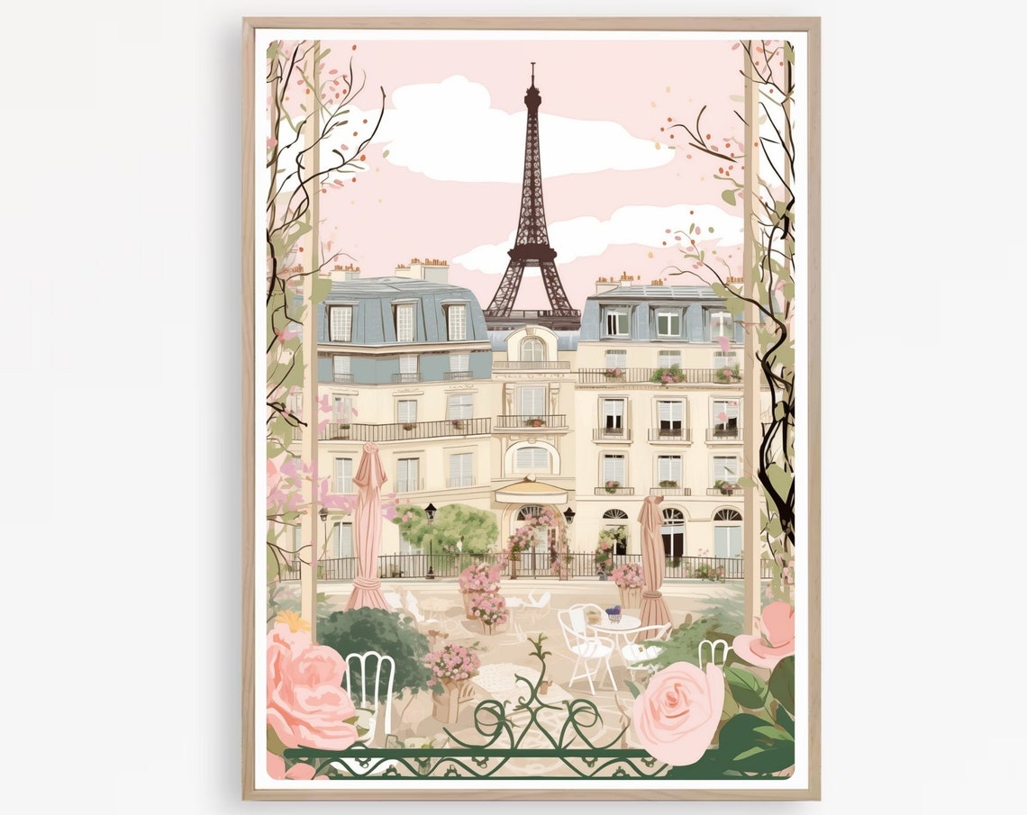 Paris Eiffel Tower Courtyard Roses Romantic Illustration Poster