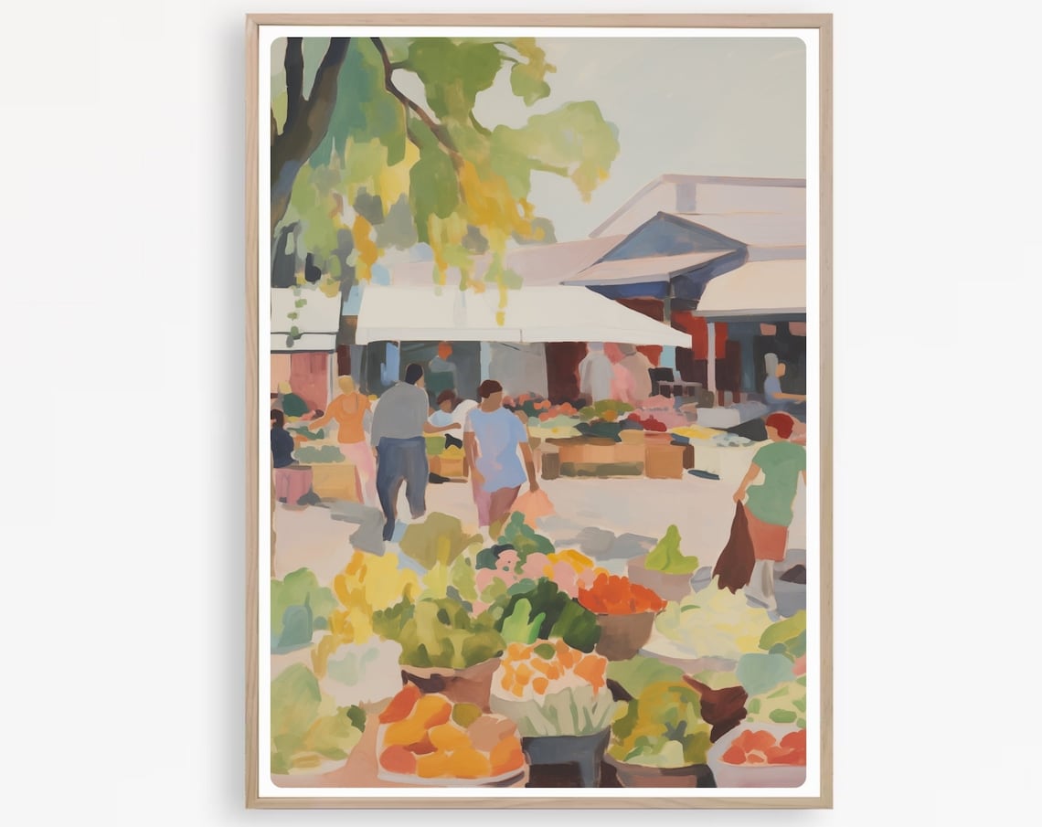 Bustling Farmers Market Produce Stalls Watercolor Painting Poster