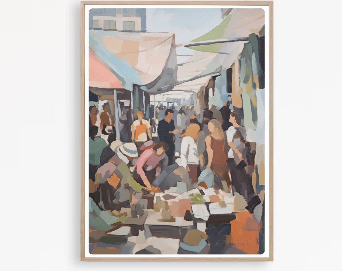 Bustling London Street Market Crowd Under Canvas Awnings Poster