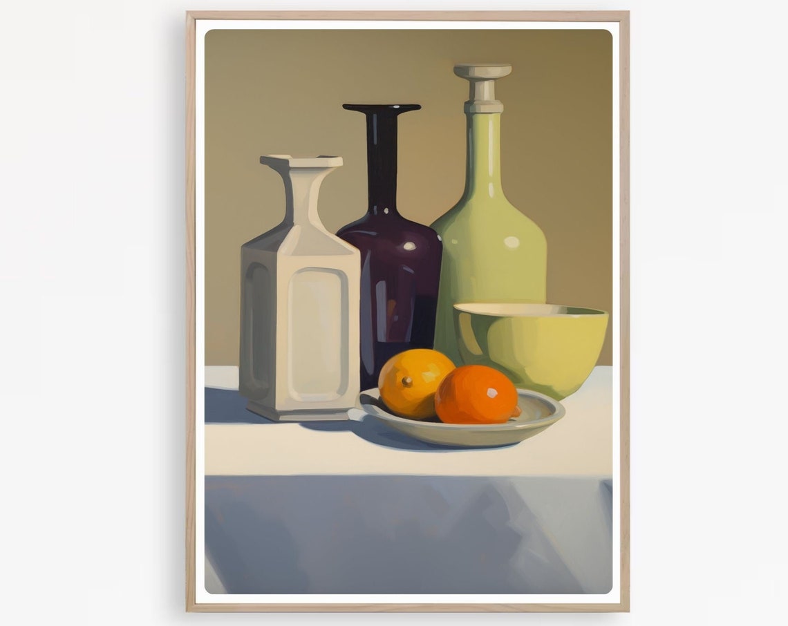 Modern Still Life with Wine Bottles Bowl and Oranges Dining Poster