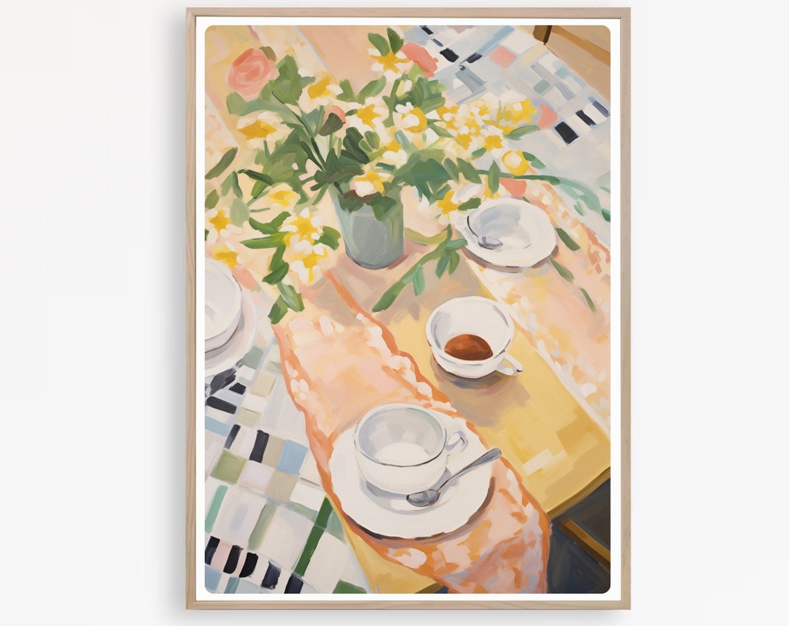 Cozy Breakfast Table with Flowers and Coffee Cups Watercolor Poster