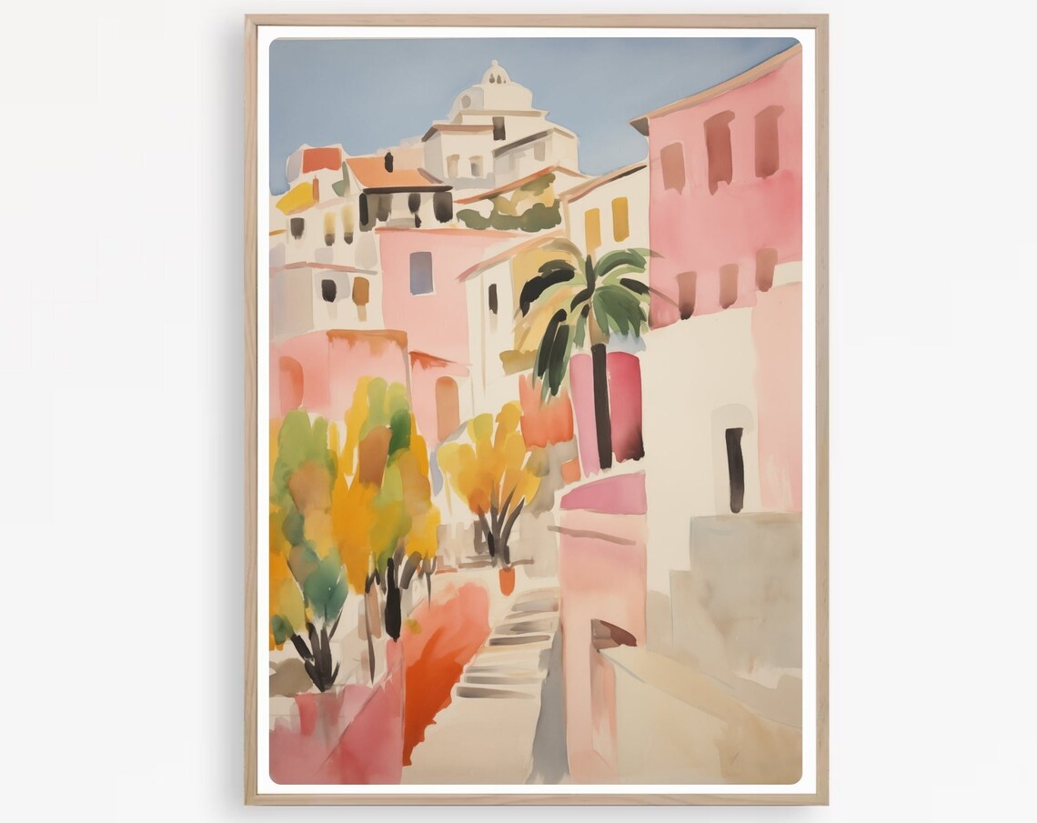 Greek Island Old Town Pink Buildings with Palm Watercolor Poster