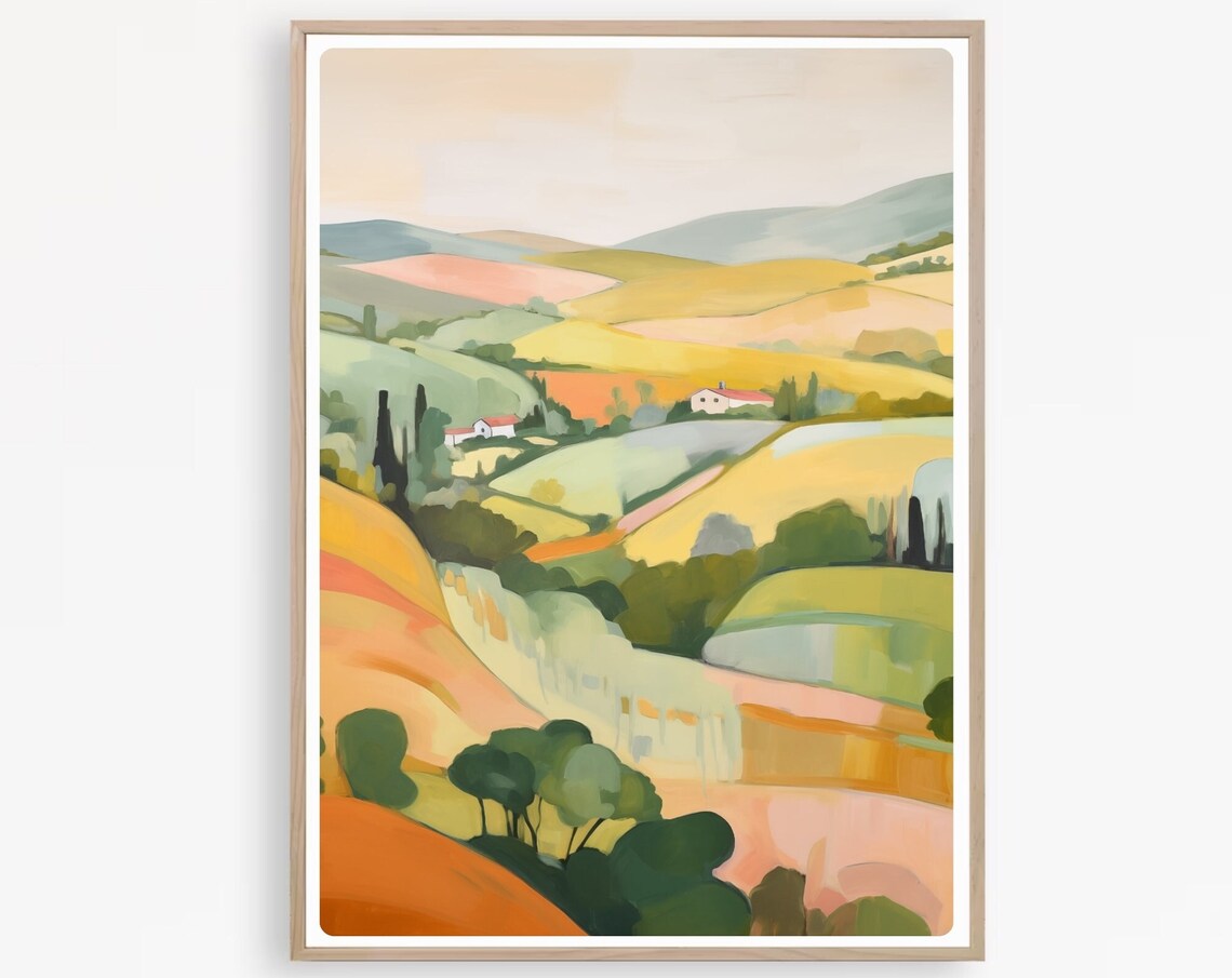 Tuscan Countryside Farmhouses on Golden Rolling Hills Poster