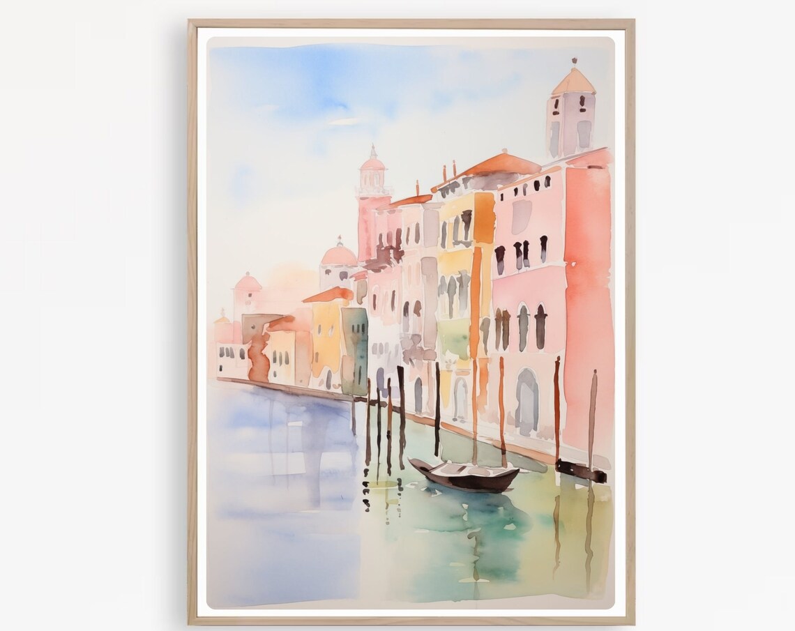 Venice Grand Canal Watercolor Poster with Gondola and Pink Palaces