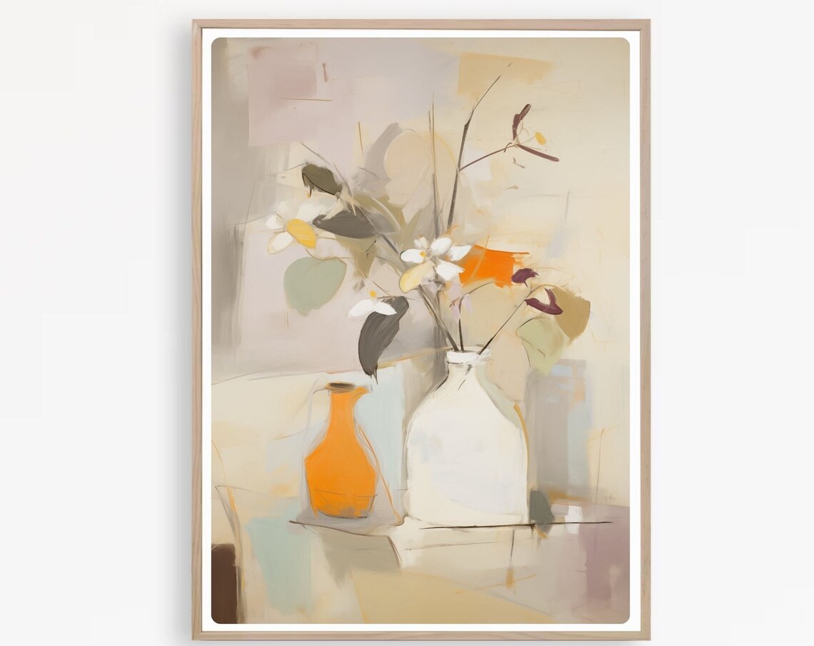 Soft Abstract Floral Bouquet in White Vase with Orange Pot Poster