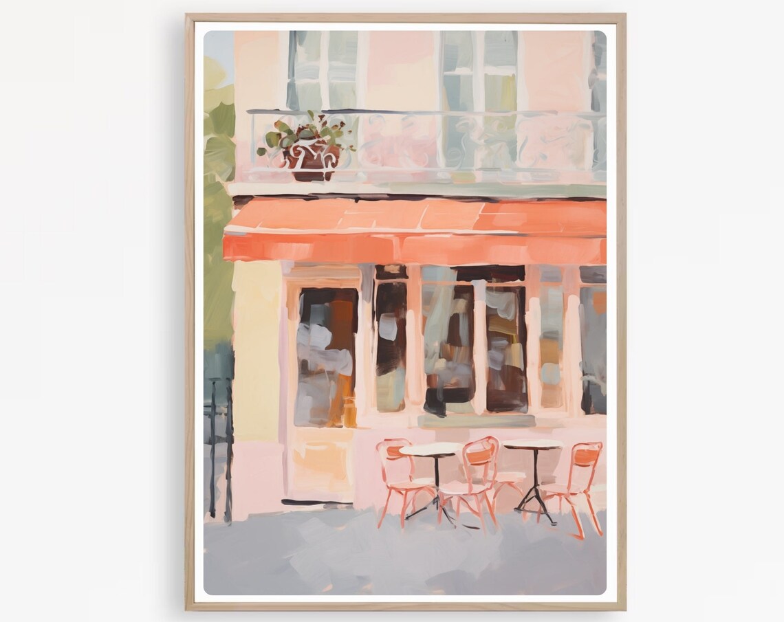 Parisian Cafe with Coral Awning and Bistro Chairs Watercolor Poster