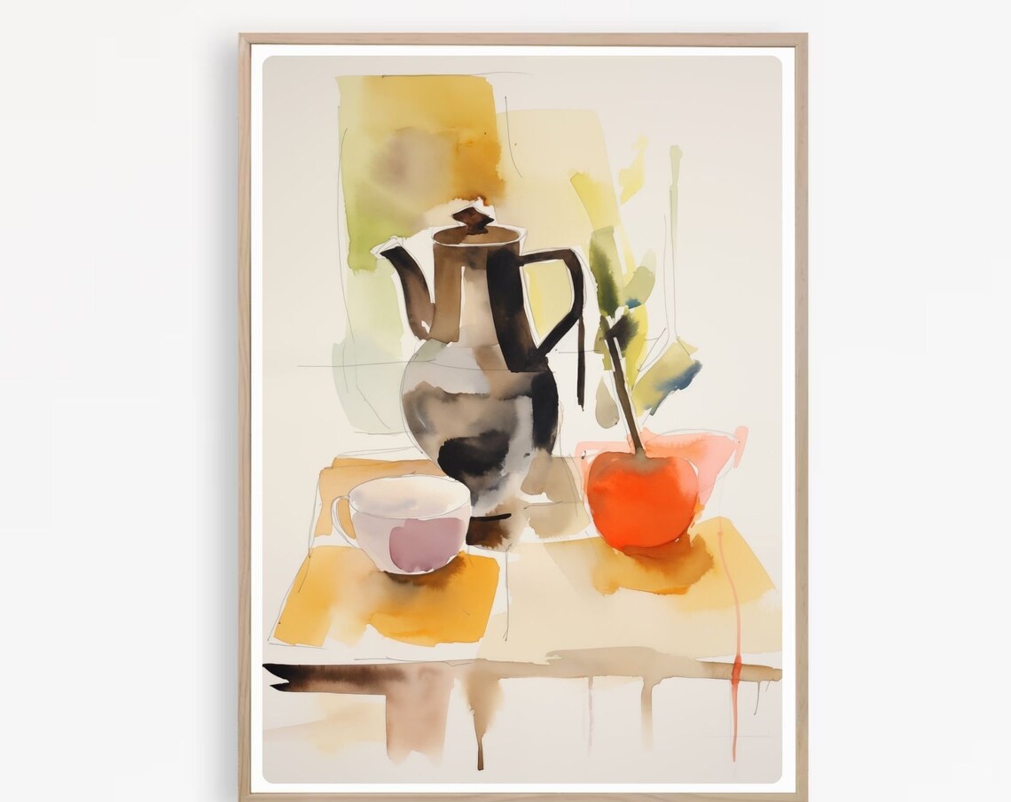 Still Life Watercolor Print Coffee Pot Painting Modern Abstract Art Mid Century Modern Kitchen Wall Art Instant