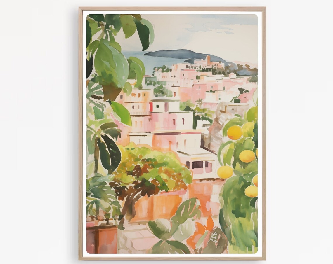 Positano Italy Watercolor View Framed By Lemon Leaves Poster