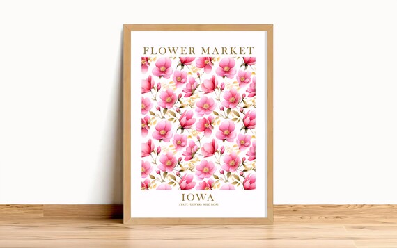Iowa Wild Rose Flower Market Pink Floral Botanical Art Poster