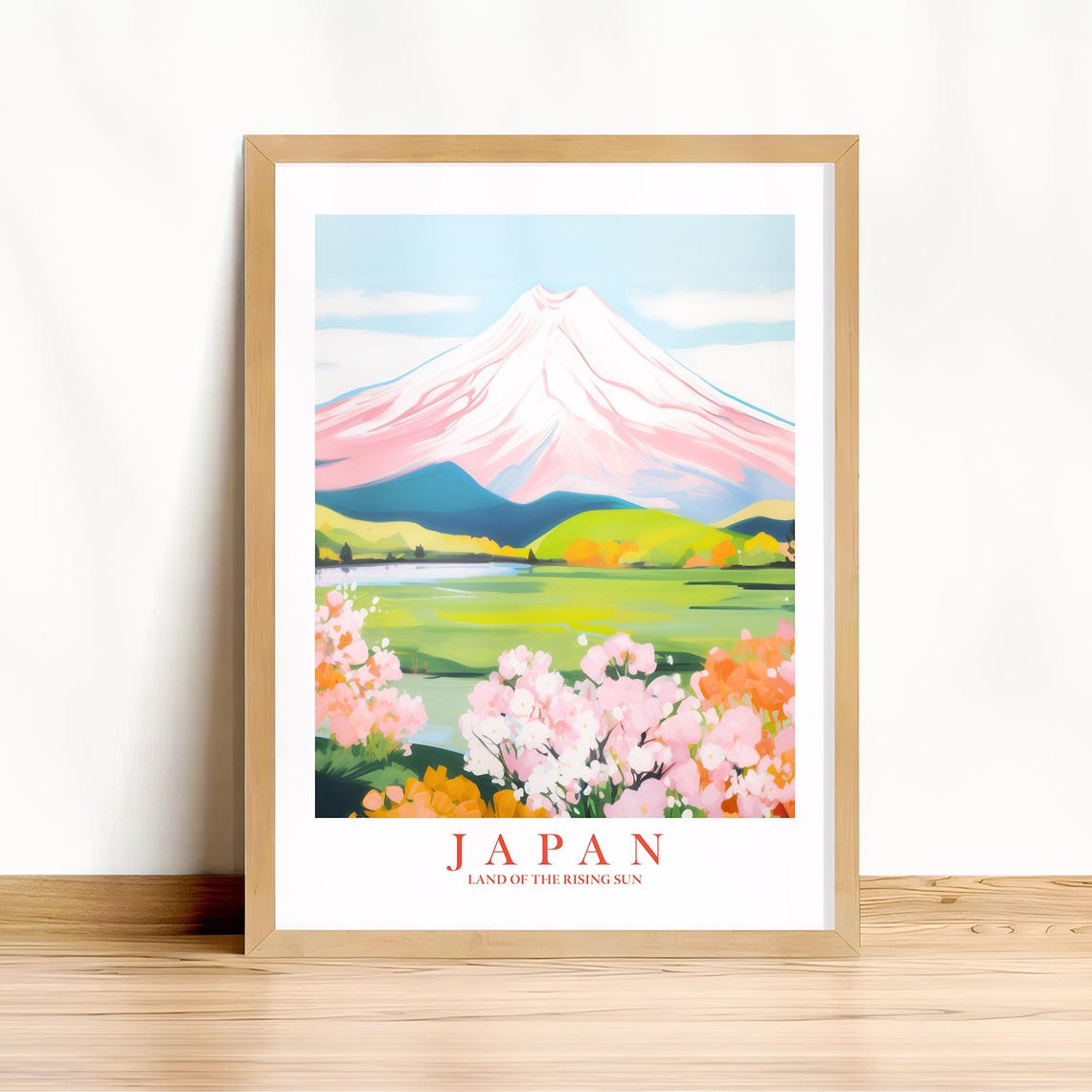 Mount Fuji Japan Travel Poster Pastel Cherry Blossom Spring Scenery