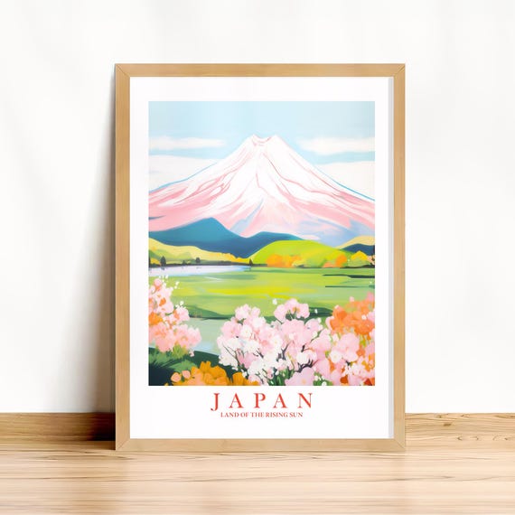 Japan Travel Poster Mount Fuji Print Retro Pink Orange Green Landscape Painting Dorm Bedroom Cherry Blossom Mountain Wall Art