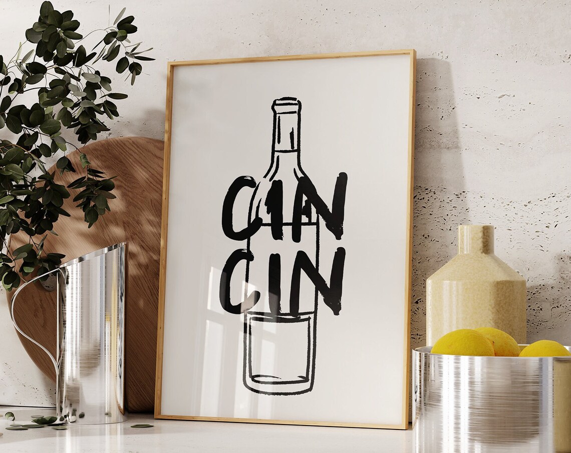 Cin Cin Wine Bottle Brush Lettering Modern Bar Cart Cheers Poster