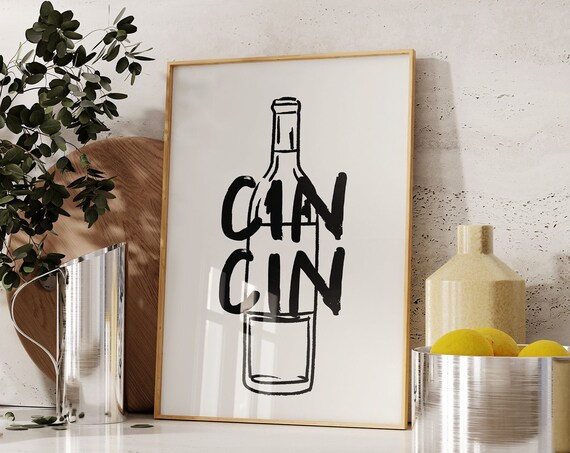 Cin Cin Wine Bottle Brush Lettering Modern Bar Cart Cheers Poster
