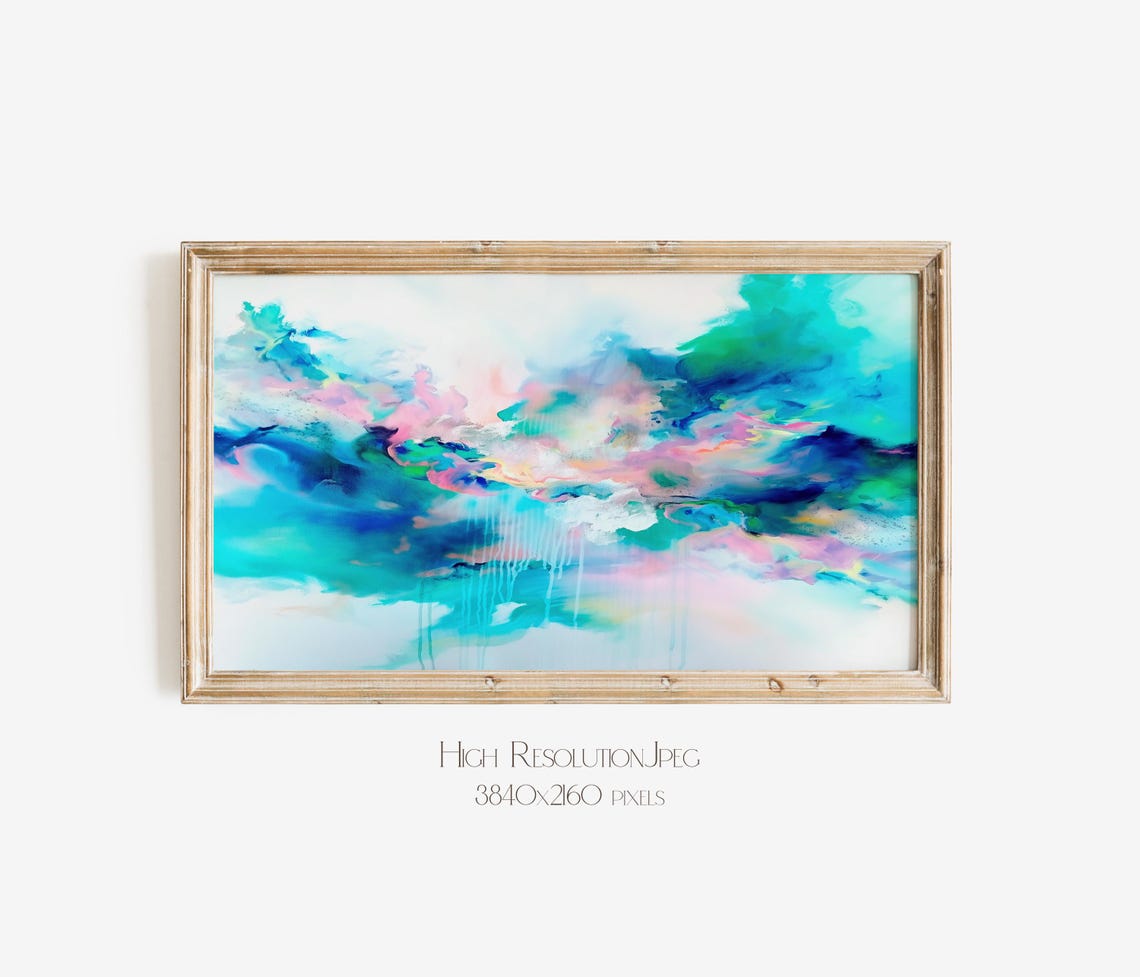 Watercolor Abstract In Blue Green With Pink Lavender Clouds Poster - Image 4