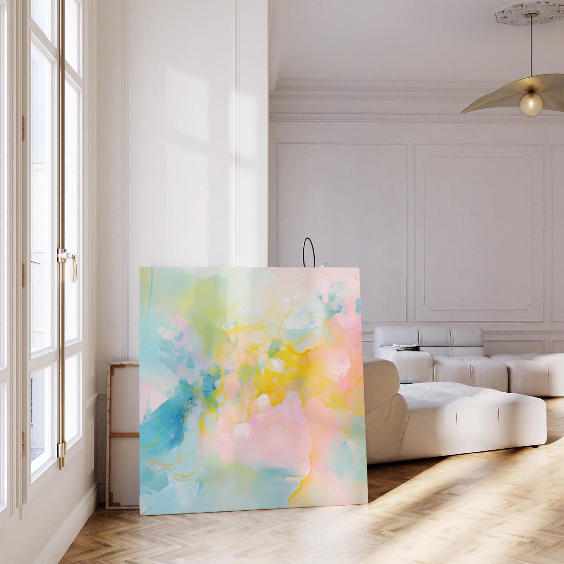 Soft Blue Pink And Yellow Flowing Fluid Ink Abstract Painting Print - Image 3