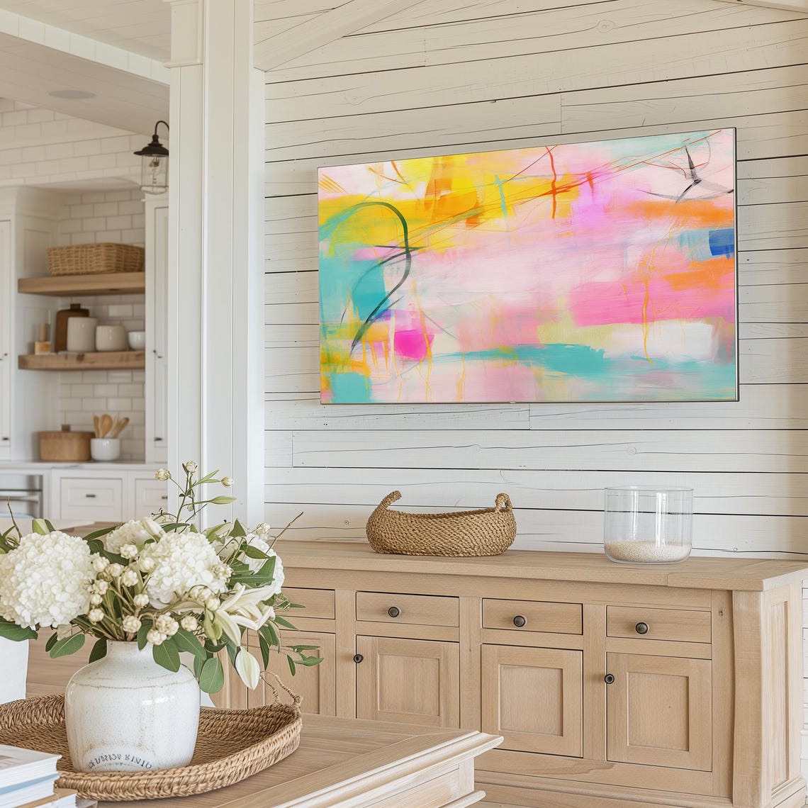 Bright Yellow Pink Abstract Painting With Teal Accent Lines Poster - Image 2