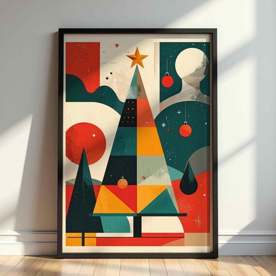 Geometric Abstract Christmas Tree Red Star Retro Holiday Wall Art