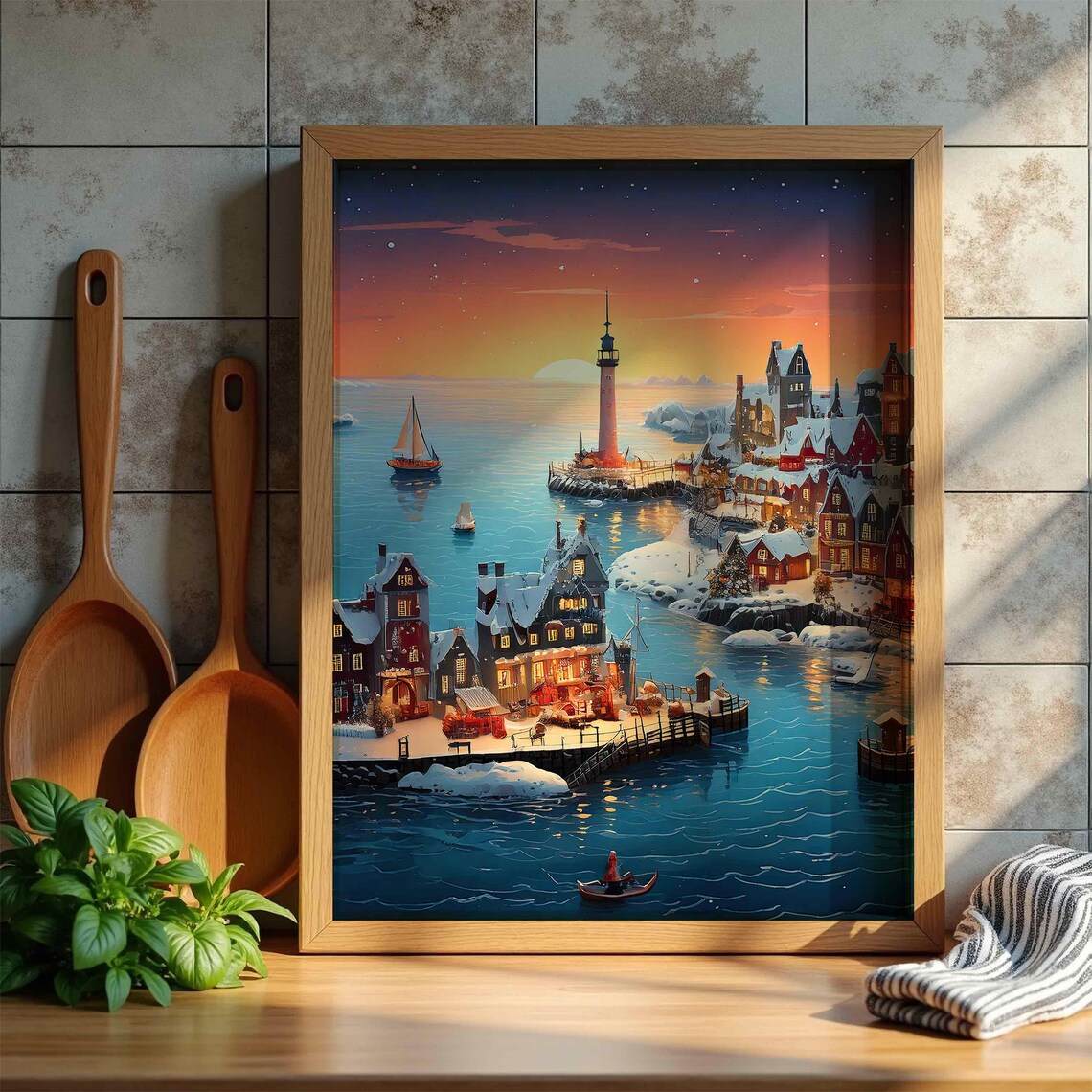 Winter Harbor Sunset Snowy Village Lighthouse Golden Sky Festive Poster