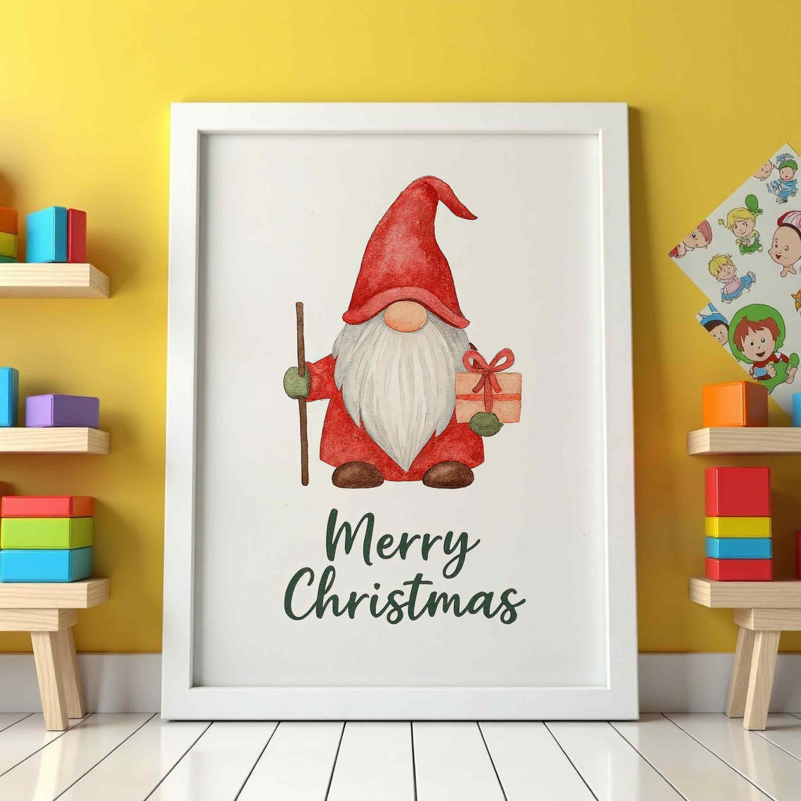 Merry Christmas Gnome Watercolor Red Hat Cute Holiday Poster
