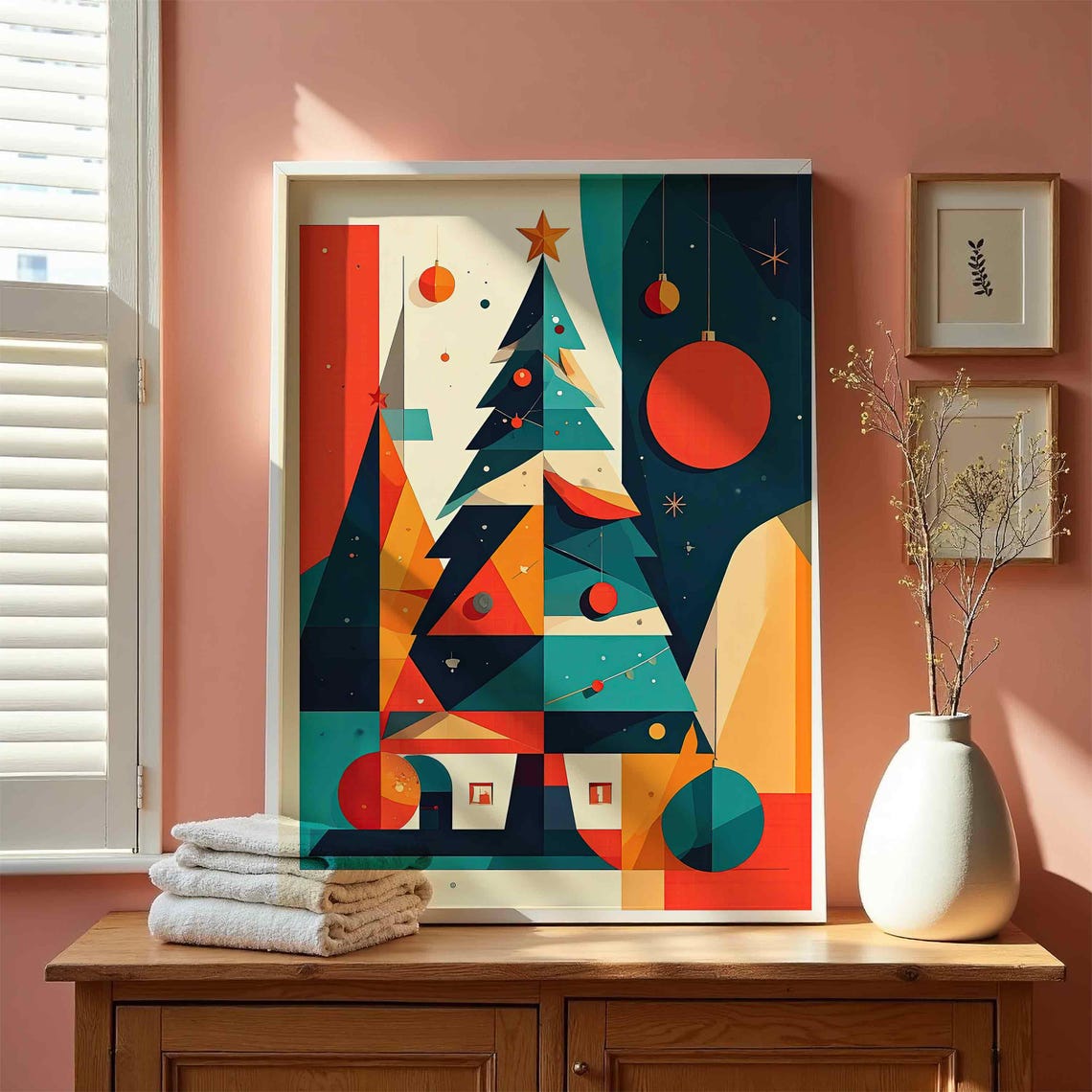 Geometric Abstract Christmas Tree Bold Color Retro Holiday Wall Art