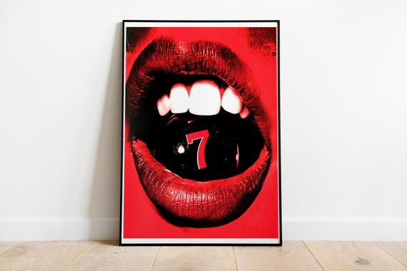 7ball Lips Poster Red Billiard Ball Billiards Decor 80s Retro Poster Red Lipstick Billiards Poster 7 Poster Art Graphic Illustration