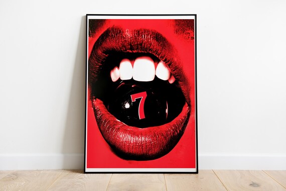 Red Lips With Lucky 7 Billiard Ball 80s Retro Pop Art Poster