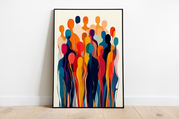 Abstract Crowd Poster Vibrant Multicolor Silhouettes Wall Art Colorful Figures Art Vibrant Interior Design Dynamic Artwork