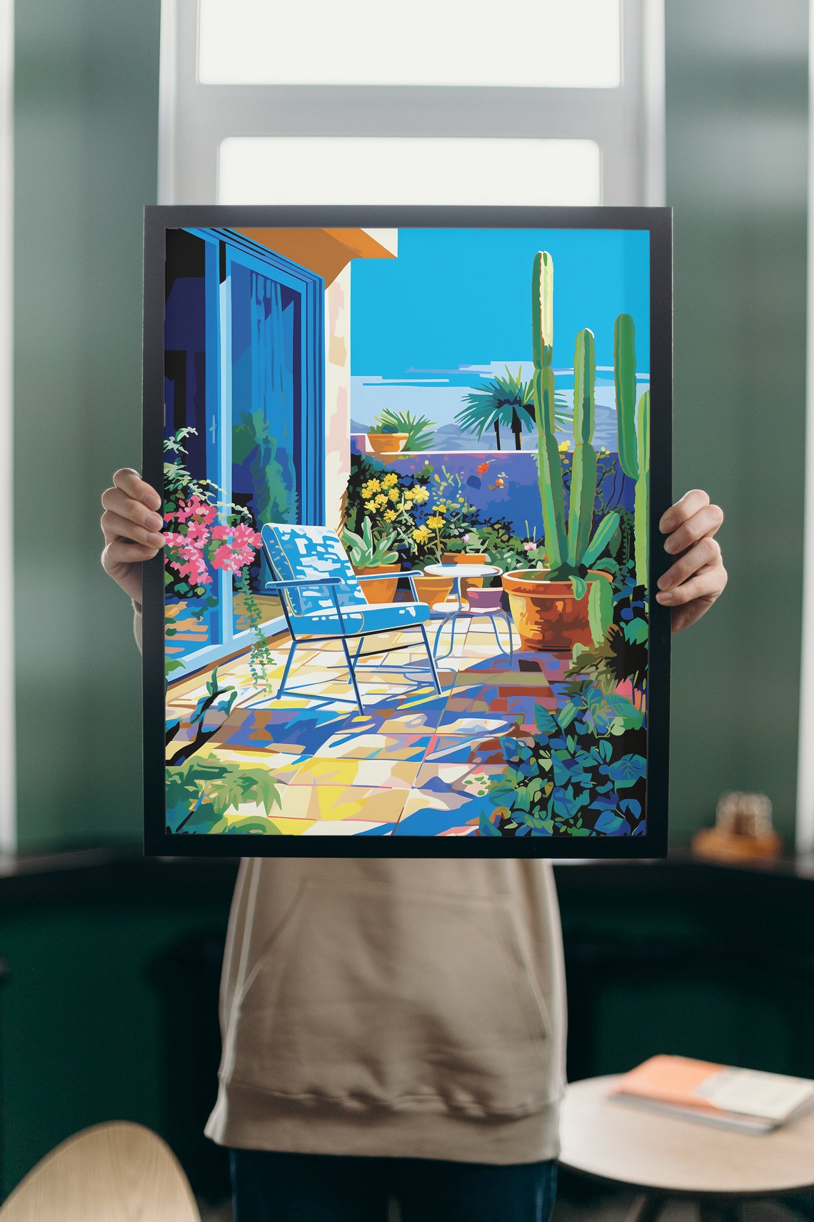 Sunny Patio With Bold Chairs and Cactus Fauvist Pop Art Poster - Image 3