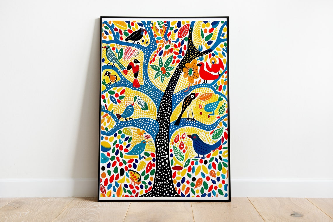 Gond Folk Art Colorful Tree With Birds And Flowers Poster Gond Art Madhubani Art Tribal Art Colorful Poster Folk Painting Indian Art