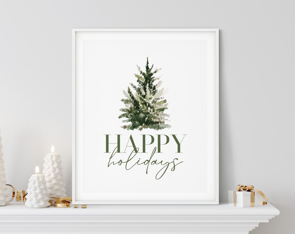 Happy Holidays Watercolor Green Christmas Tree Script Poster