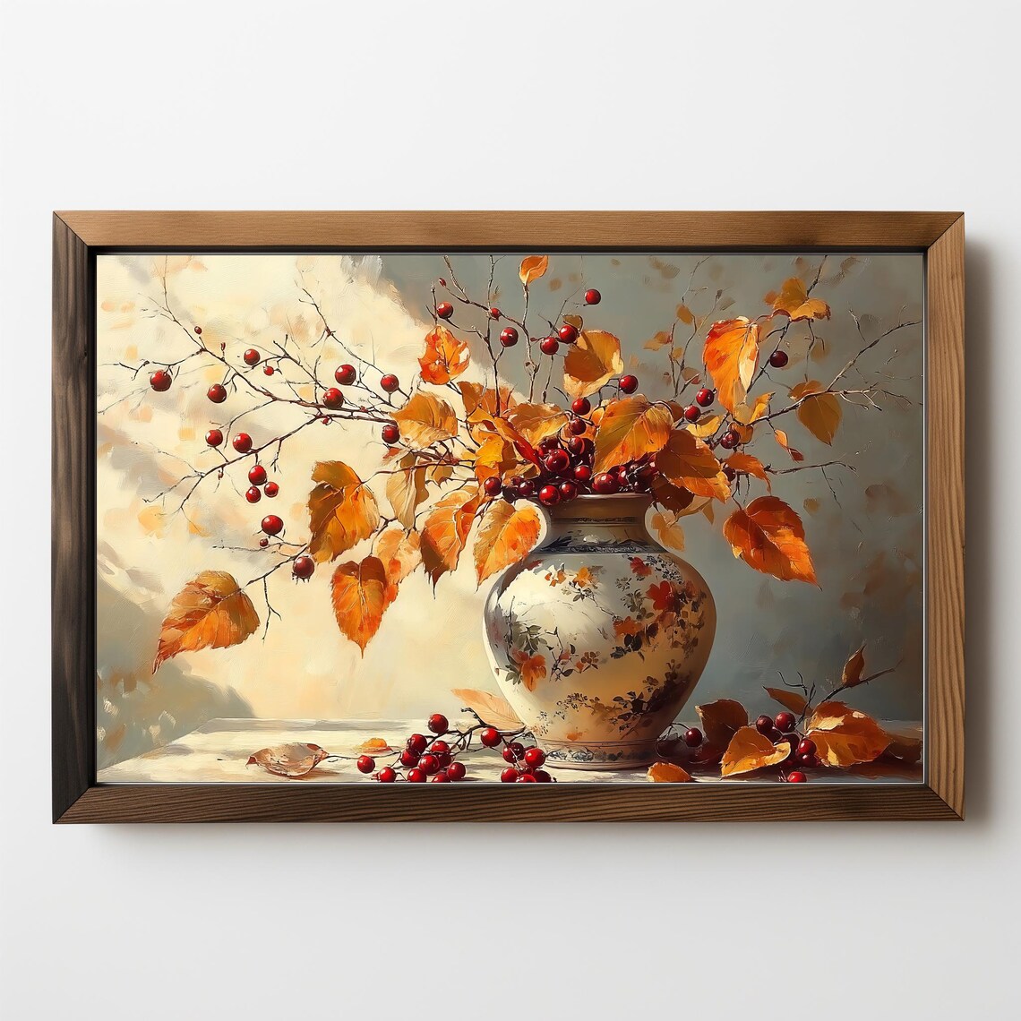 Autumn Berries Golden Branches Floral Vase Vintage Still Life Poster