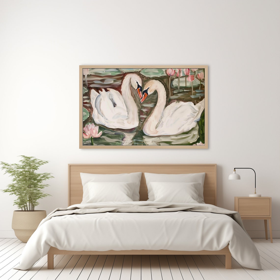 Two White Swans Heart Shape Water Lilies Romantic Lake Painting Poster - Image 3