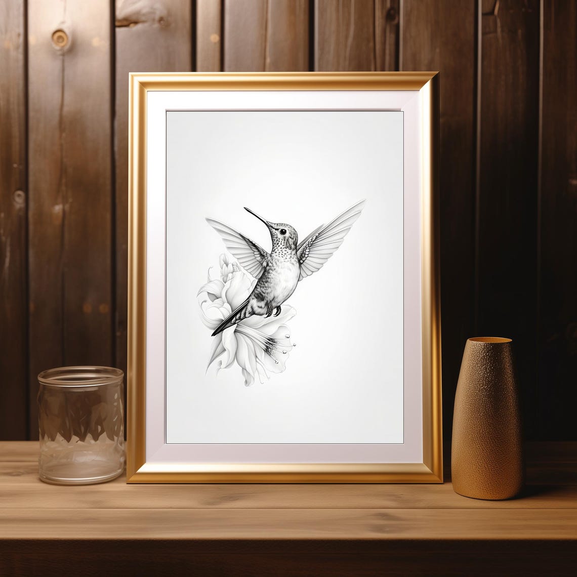 Hummingbird With Lily Black And White Fine Line Sketch Art Poster - Image 3