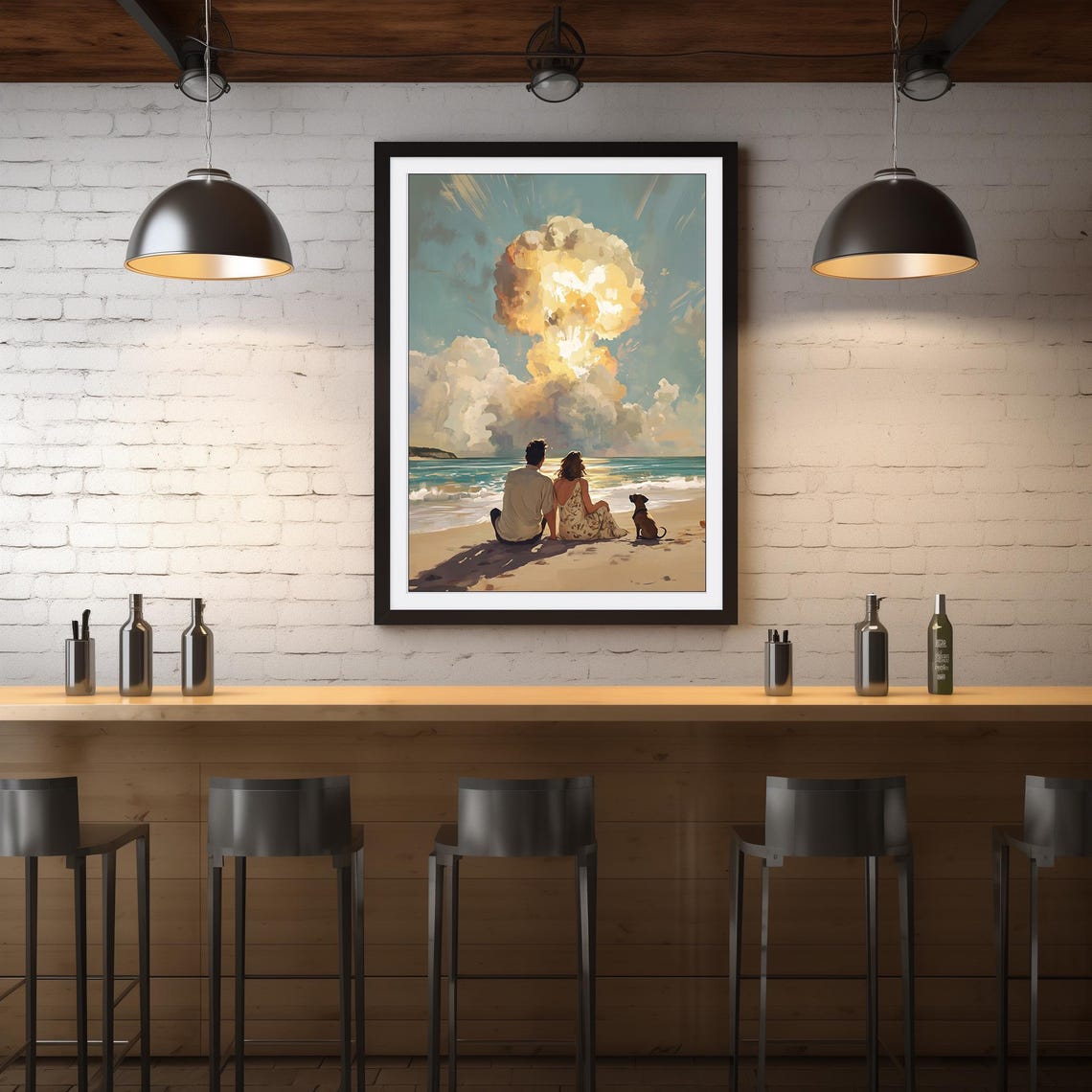 Surreal Couple On Beach Watching Mushroom Cloud Retro Art Poster - Image 4