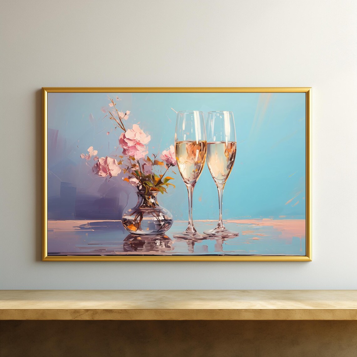 Champagne Glasses Pink Peonies Blue Background Celebration Wall Art Poster - Image 4