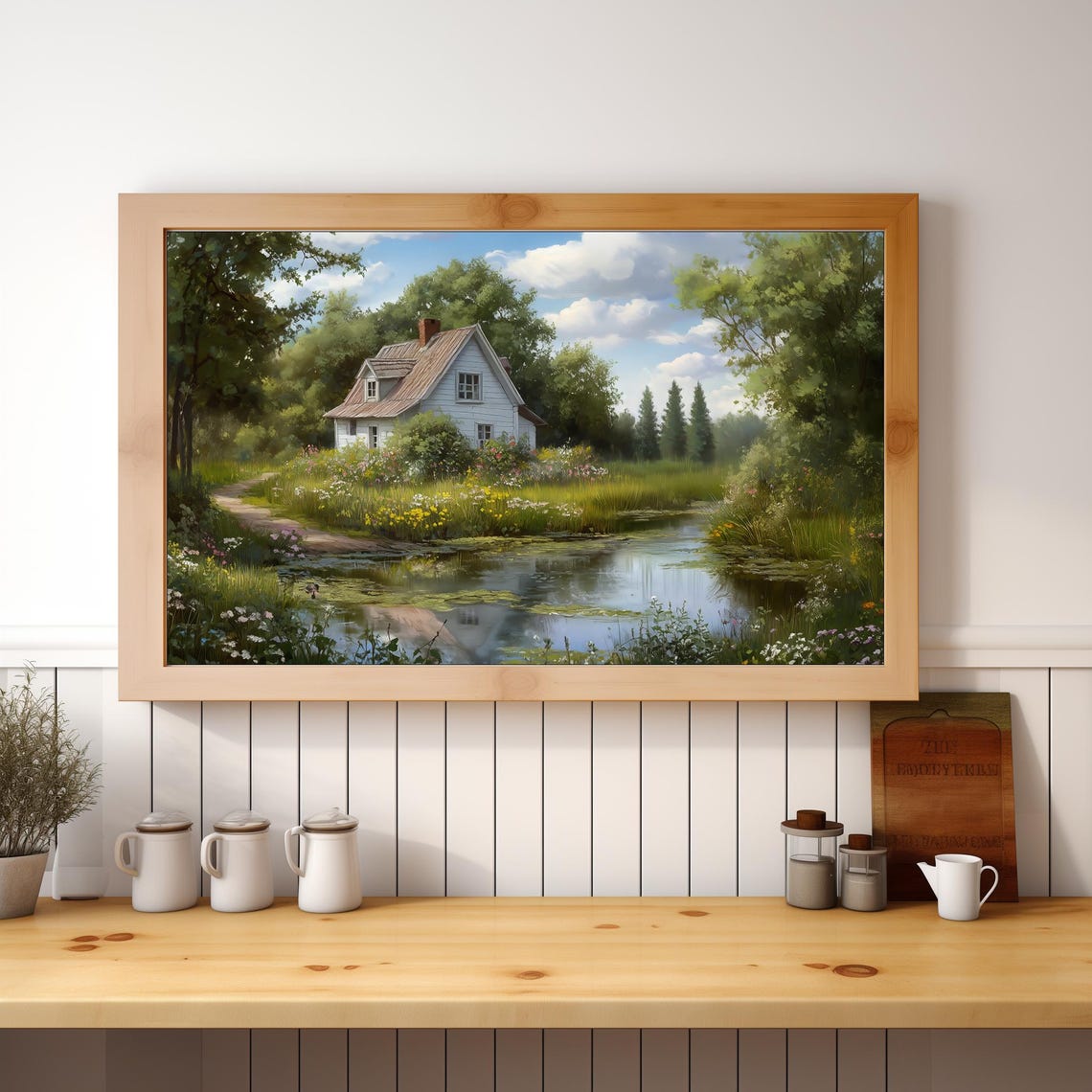 White Cottage By The Pond Summer Garden Vintage Landscape Art Poster - Image 3