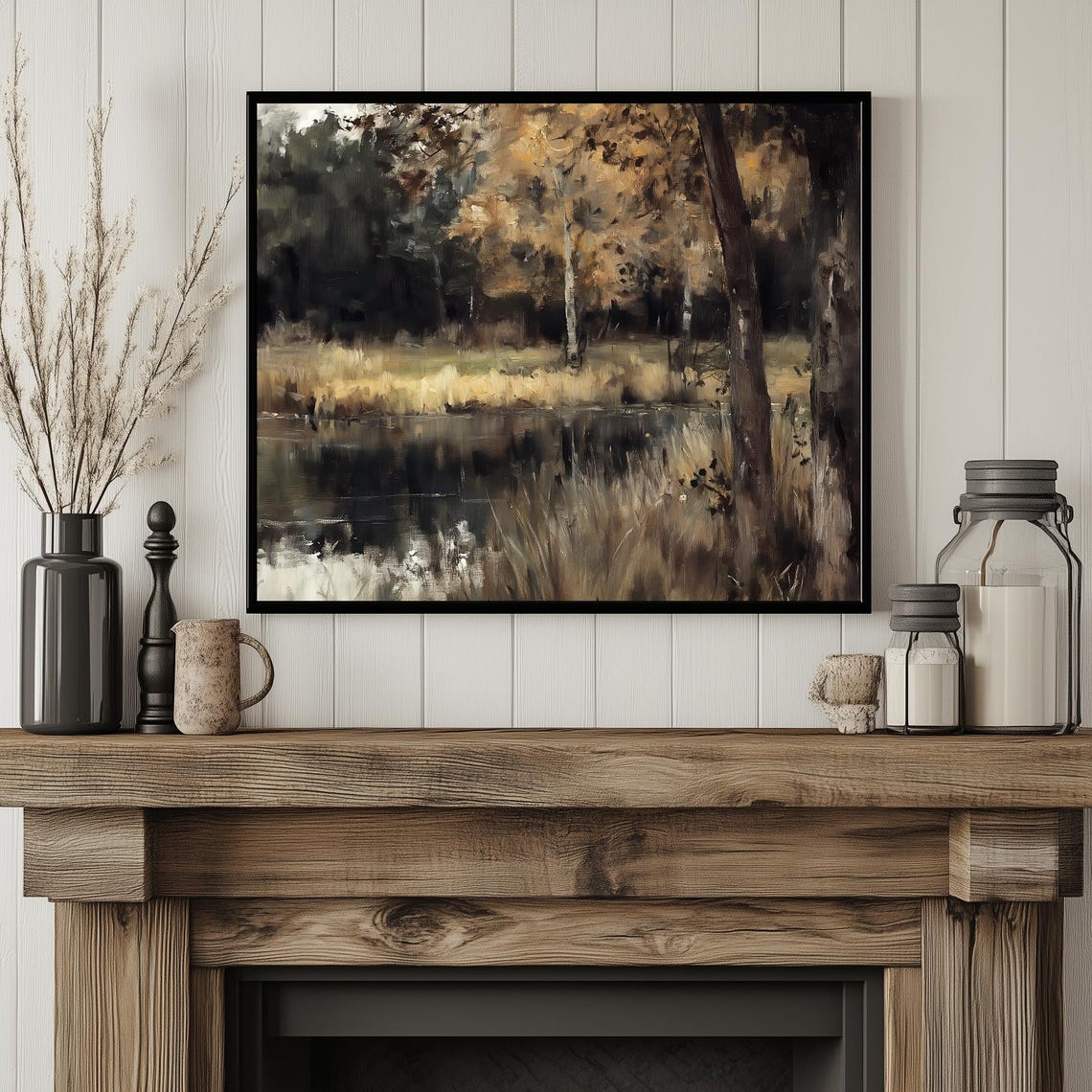 Moody Autumn Pond Birch Trees Dark Forest Reflection Oil Poster - Image 3