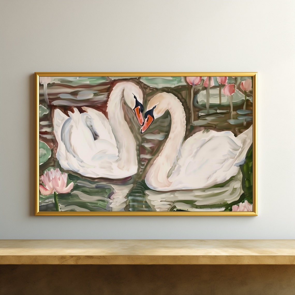 Two White Swans Heart Shape Water Lilies Romantic Lake Painting Poster - Image 5