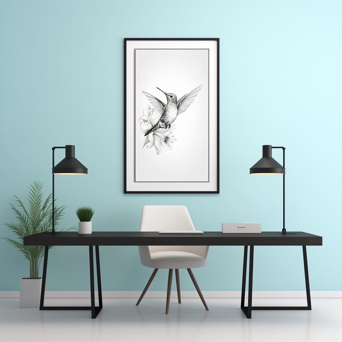 Hummingbird With Lily Black And White Fine Line Sketch Art Poster - Image 2