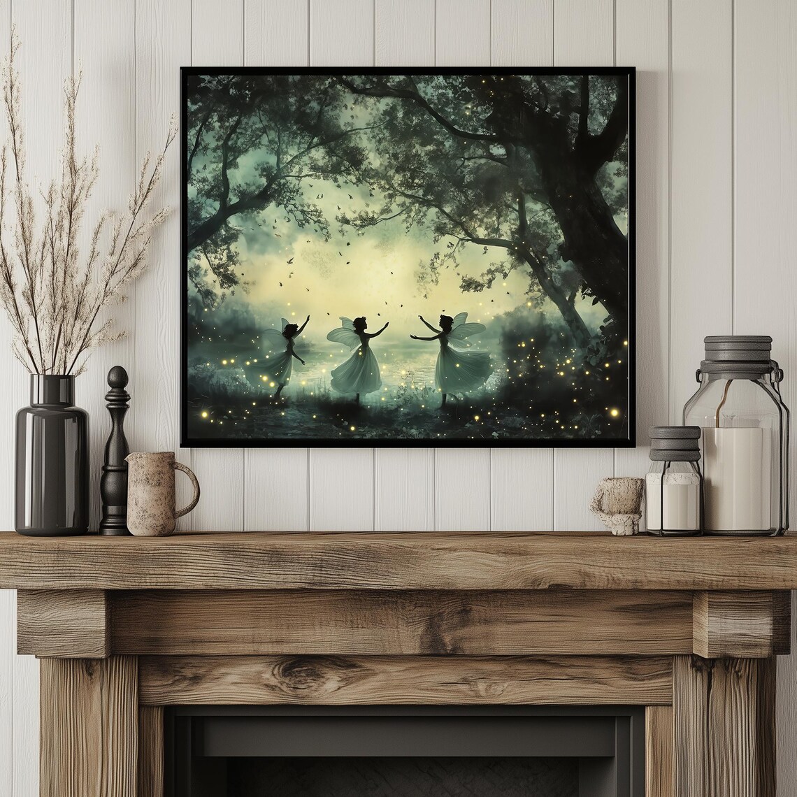 Moonlit Forest Fairies Dancing Fireflies Whimsical Vintage Style Poster - Image 3