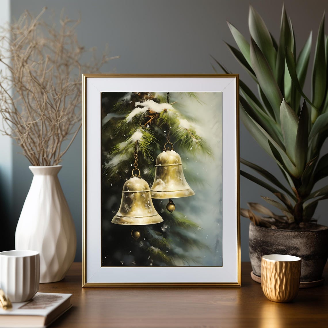 Brass Christmas Bells Snowy Pine Branch Vintage Winter Holiday Poster - Image 2